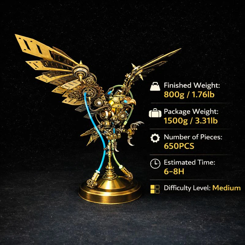 Steampunk Eagle Mechanical Model Kit with LED Eyes – 3D Metal DIY Display - Image 11