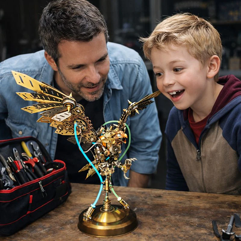 Steampunk Eagle Mechanical Model Kit with LED Eyes – 3D Metal DIY Display - Image 7