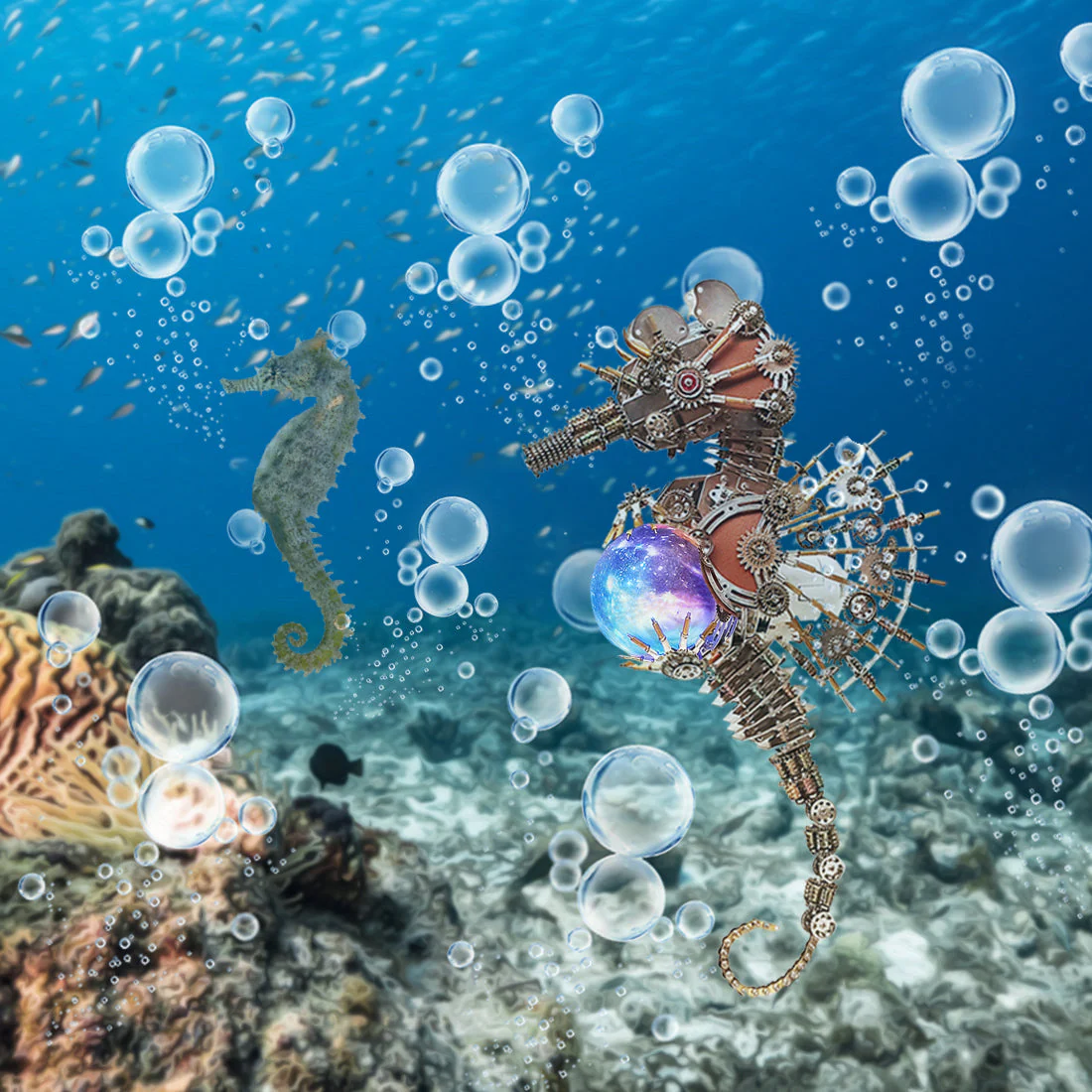 2100PCS Steampunk Seahorse Puzzle 3D DIY Model Kit with Planet Lights - Image 12