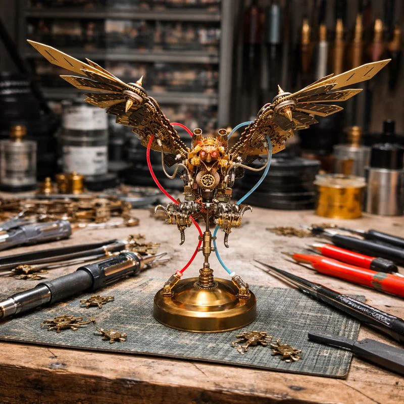 Steampunk Eagle Mechanical Model Kit with LED Eyes – 3D Metal DIY Display - Image 12