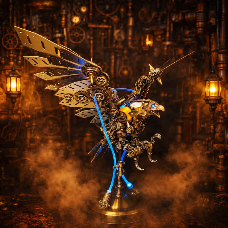 Steampunk Eagle Mechanical Model Kit with LED Eyes – 3D Metal DIY Display